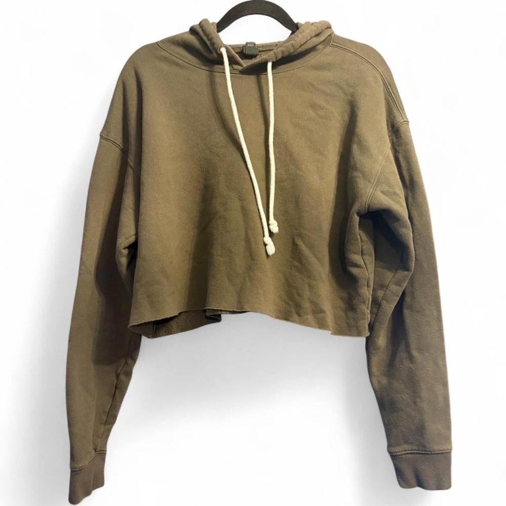 Wild Fable Olive Green Cropped Hoodie Sweatshirt White Drawstrings Large